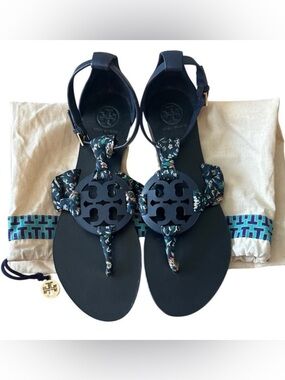 Tory Burch Miller Scarf Sandals Navy Floral Ankle Strap 8